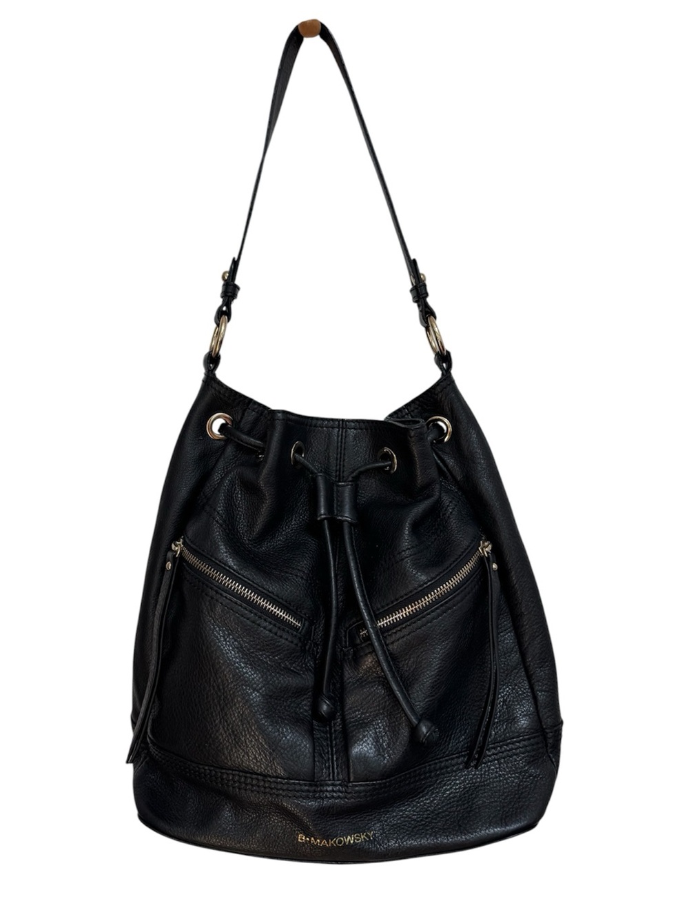 B. Makowsky Black Leather Bucket Drawstring Hobo Bag Purse Boho Bohemian